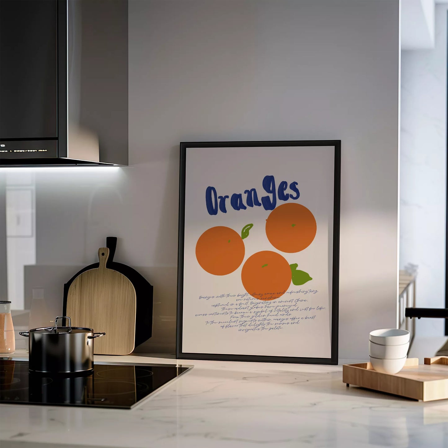 シンプルなオレンジのイラストと手書き文字のキッチンアート