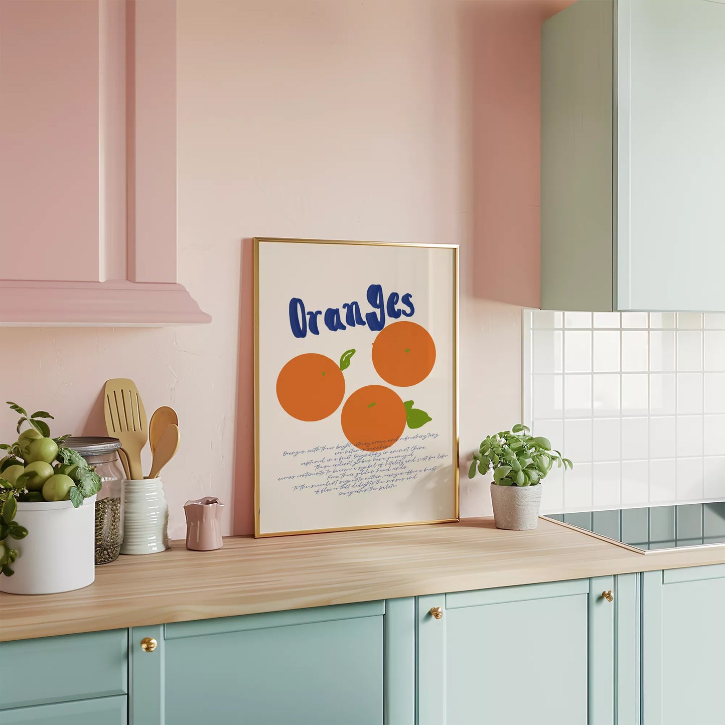 シンプルなオレンジのイラストと手書き文字のキッチンアート
