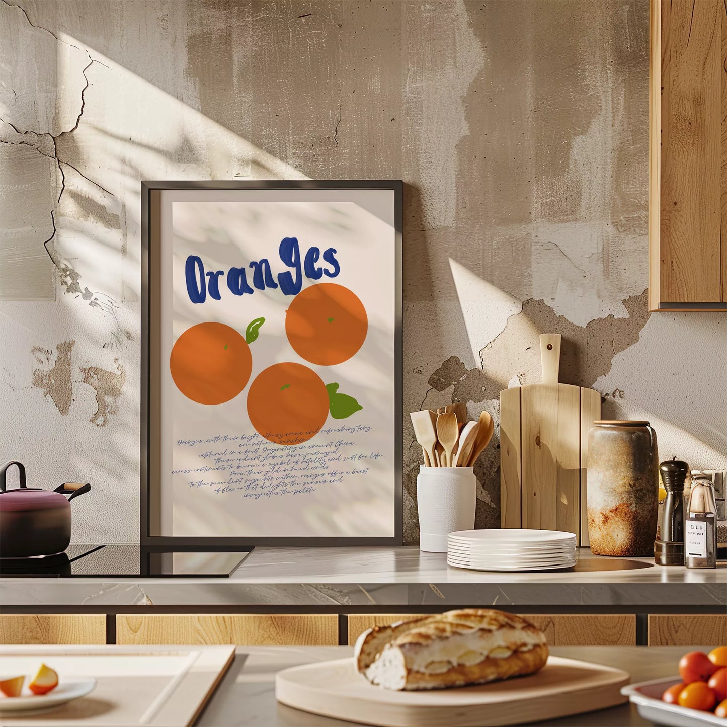 シンプルなオレンジのイラストと手書き文字のキッチンアート