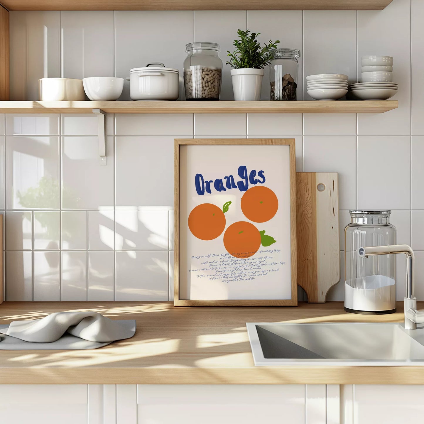 シンプルなオレンジのイラストと手書き文字のキッチンアート