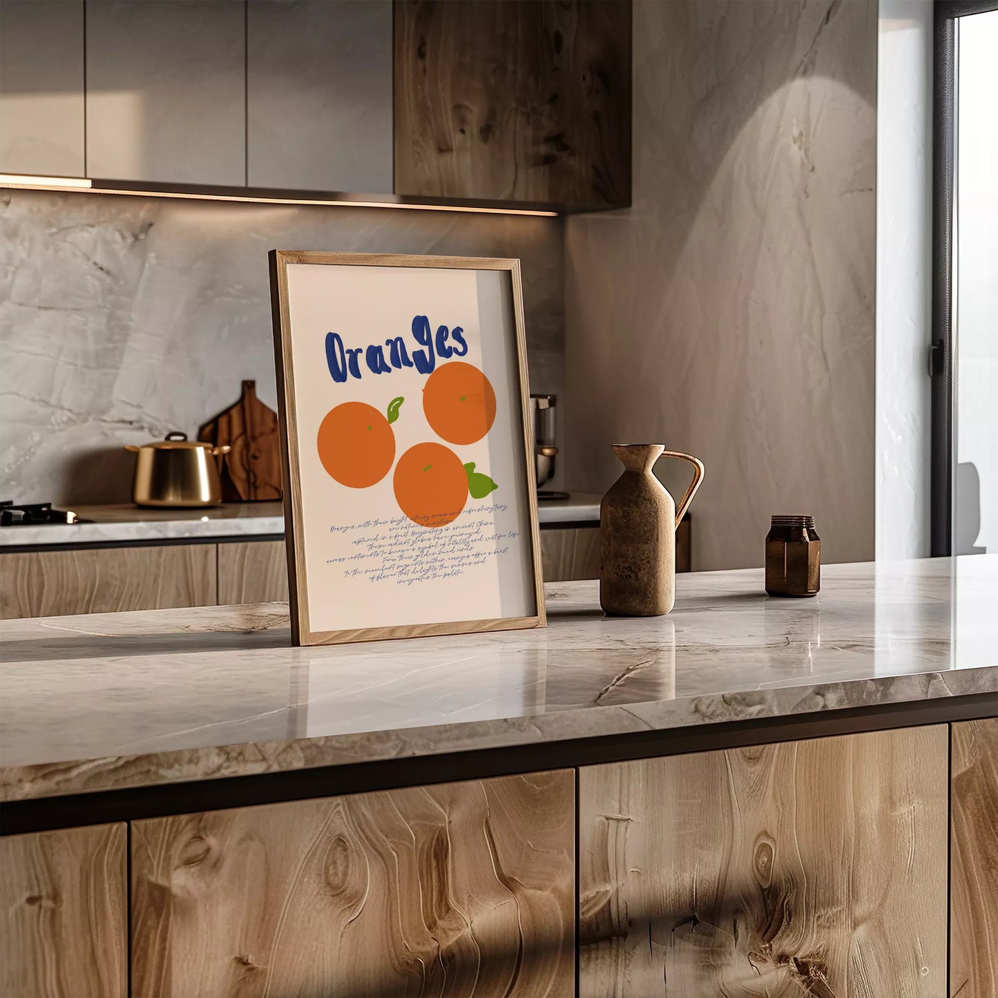 シンプルなオレンジのイラストと手書き文字のキッチンアート