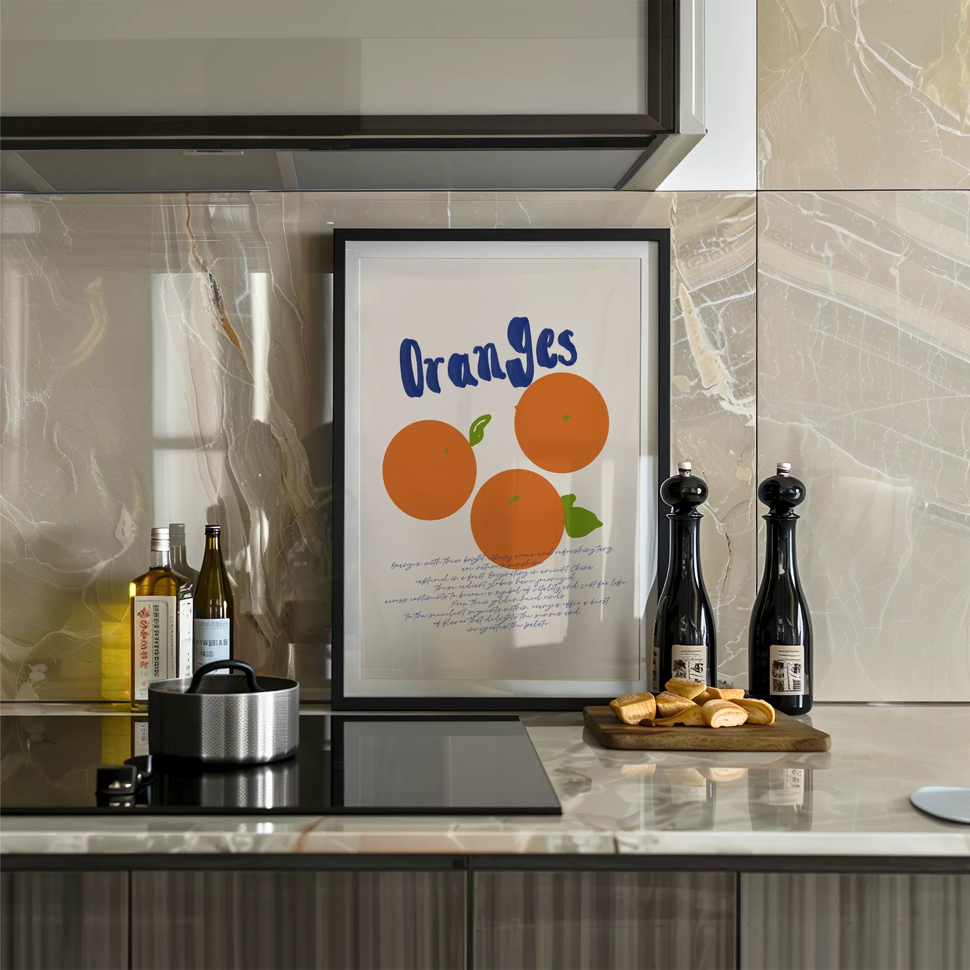 シンプルなオレンジのイラストと手書き文字のキッチンアート