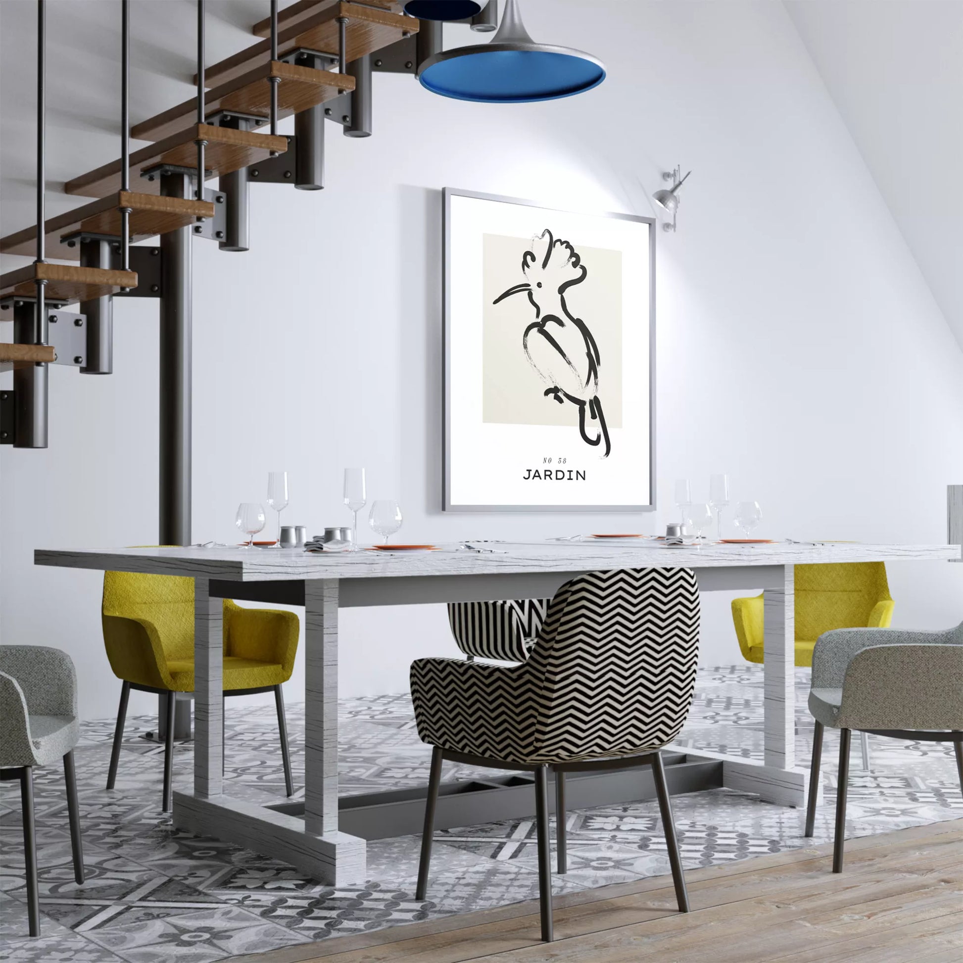 モダンな筆墨で描かれた鳥のシルエット水墨画アート