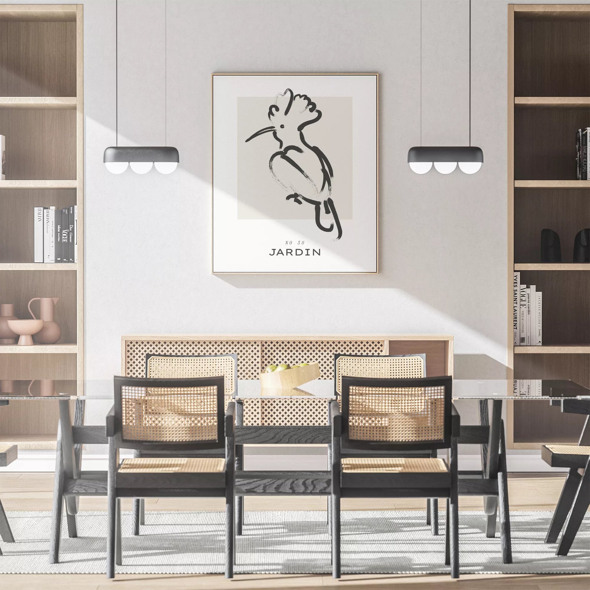 モダンな筆墨で描かれた鳥のシルエット水墨画アート