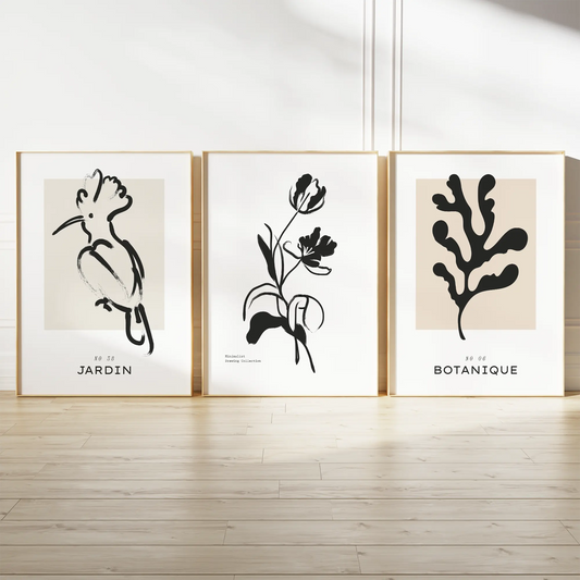 黒インクの鳥とボタニカルモノクロアートポスター 北欧モダン 3枚セット