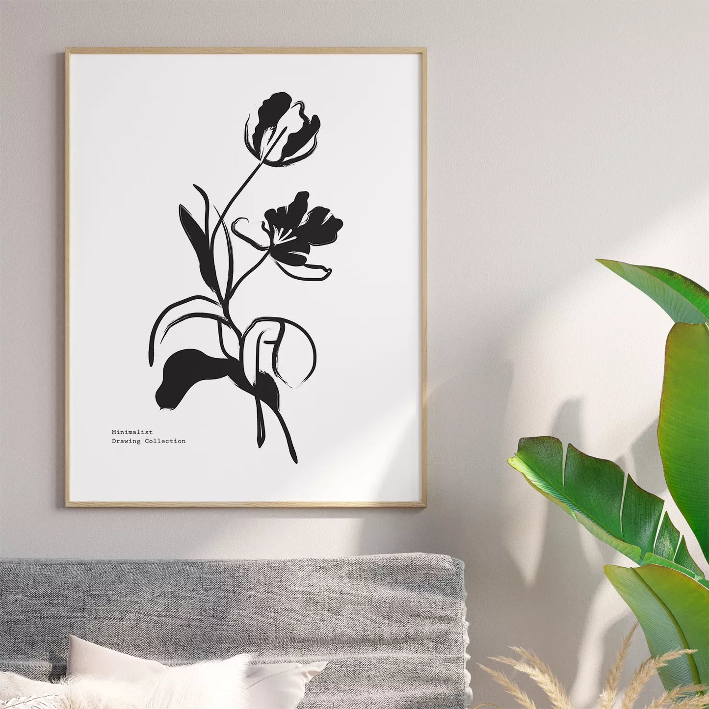 モノクロームの鳥と植物モチーフのミニマリストアートセット