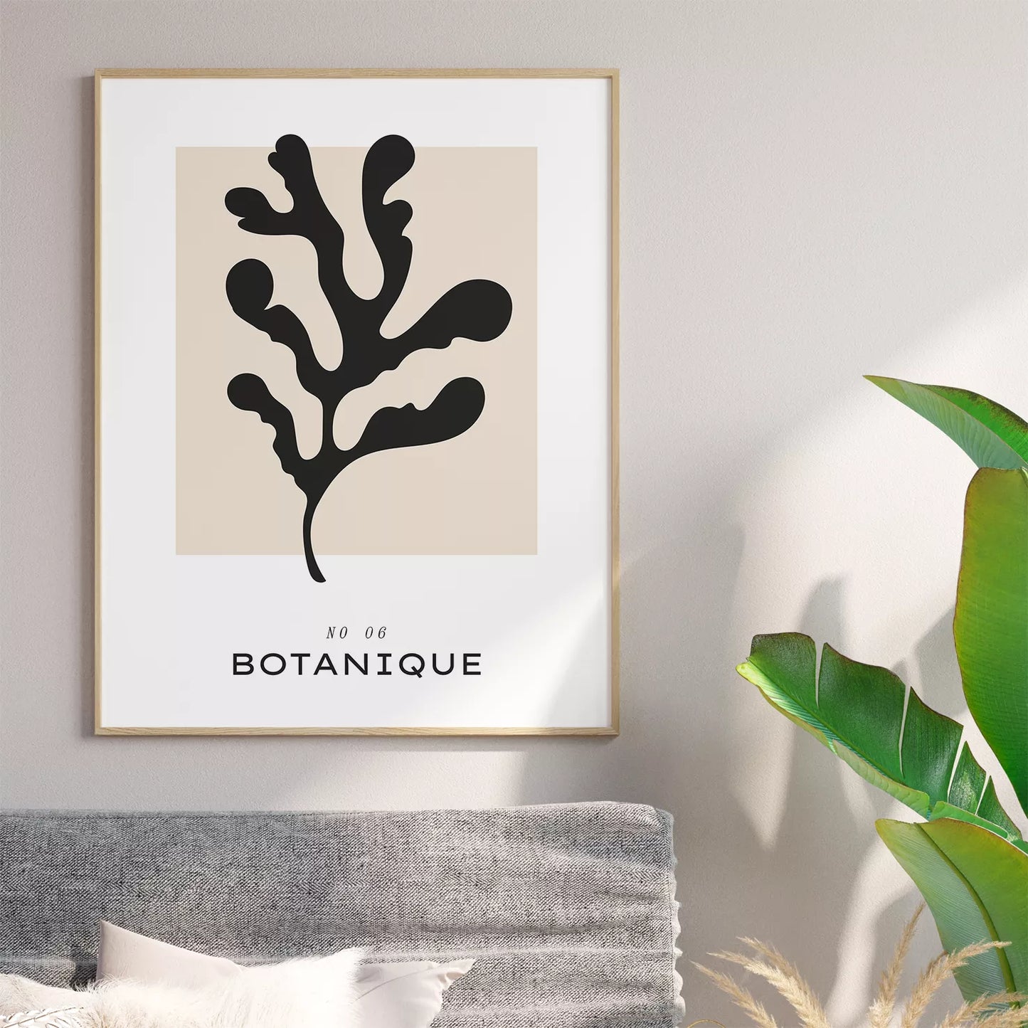 モノクロームの鳥と植物モチーフのミニマリストアートセット