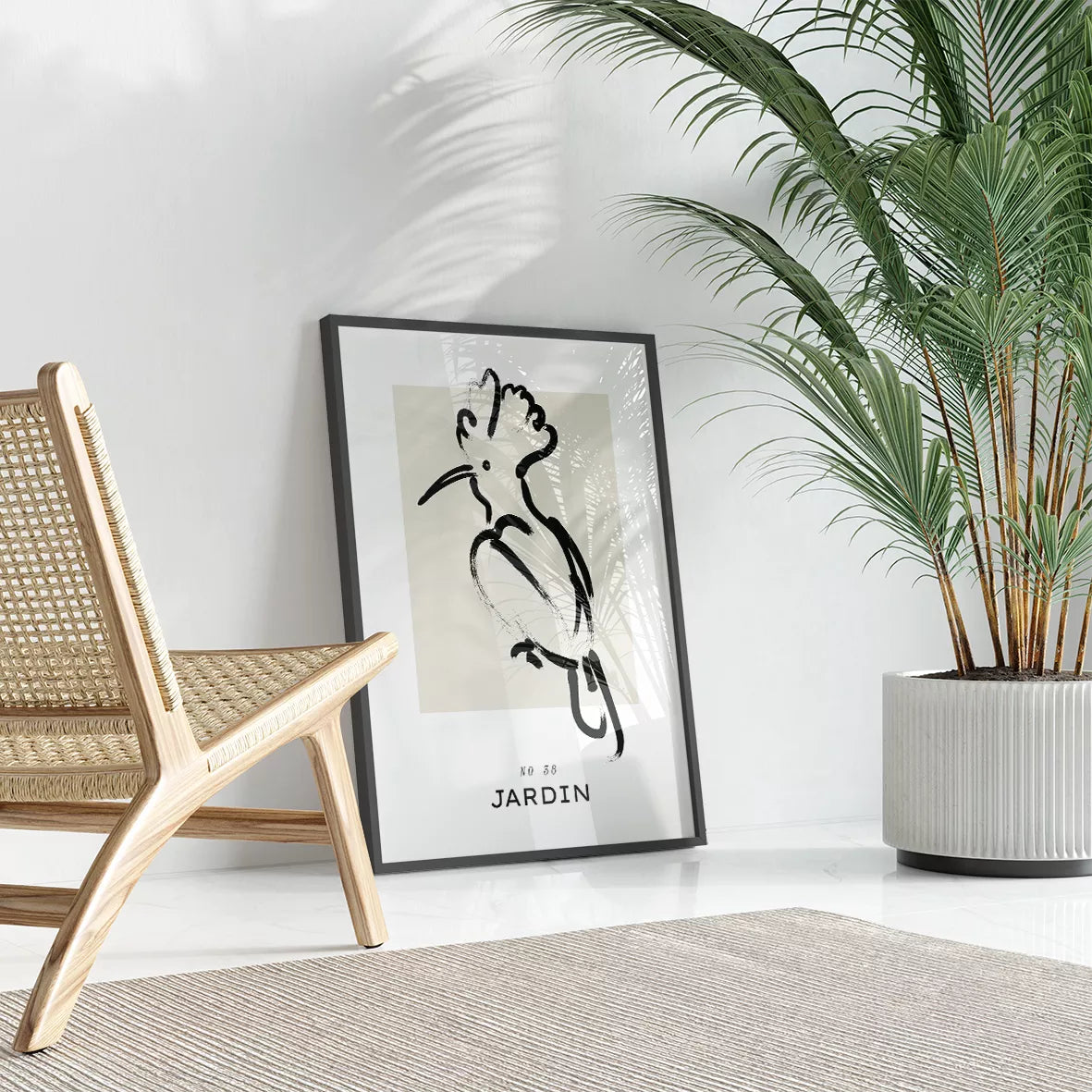 モノクロームの鳥と植物モチーフのミニマリストアートセット