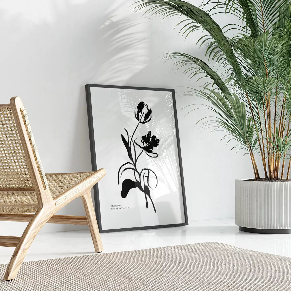 モノクロームの鳥と植物モチーフのミニマリストアートセット