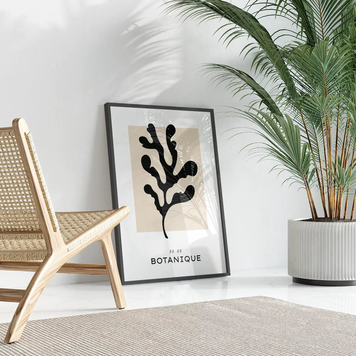 モノクロームの鳥と植物モチーフのミニマリストアートセット