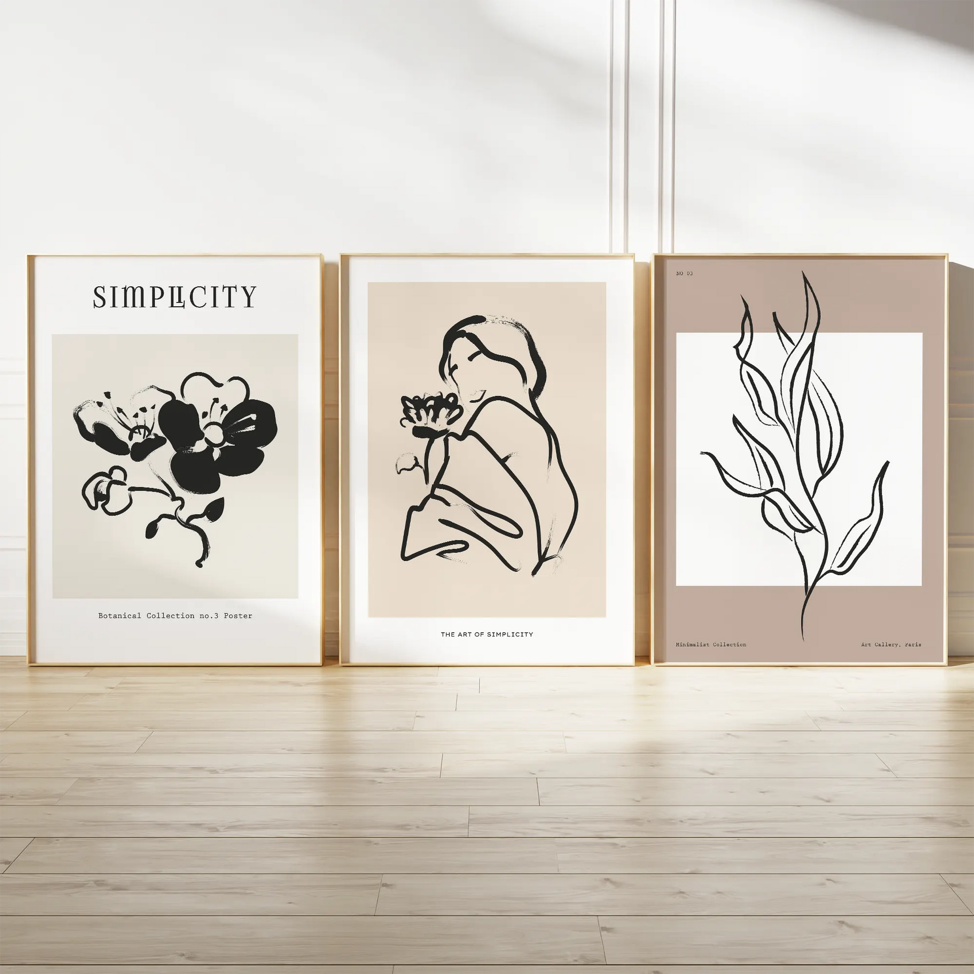 ベージュラインアートのボタニカルアートポスター3枚セット