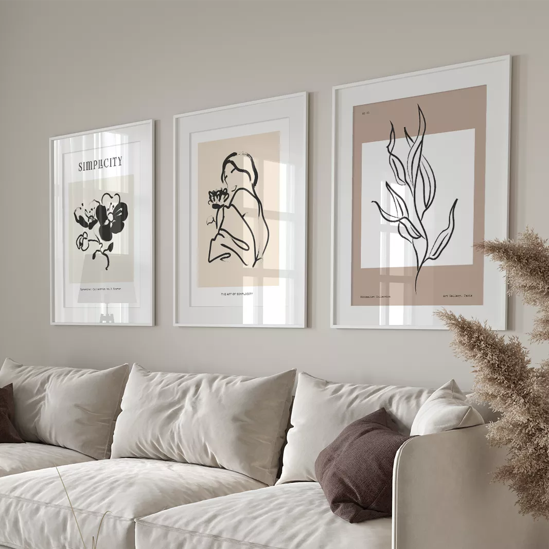 シンプルなモノクロ線画3点セット、花と人物と植物のミニマルアート