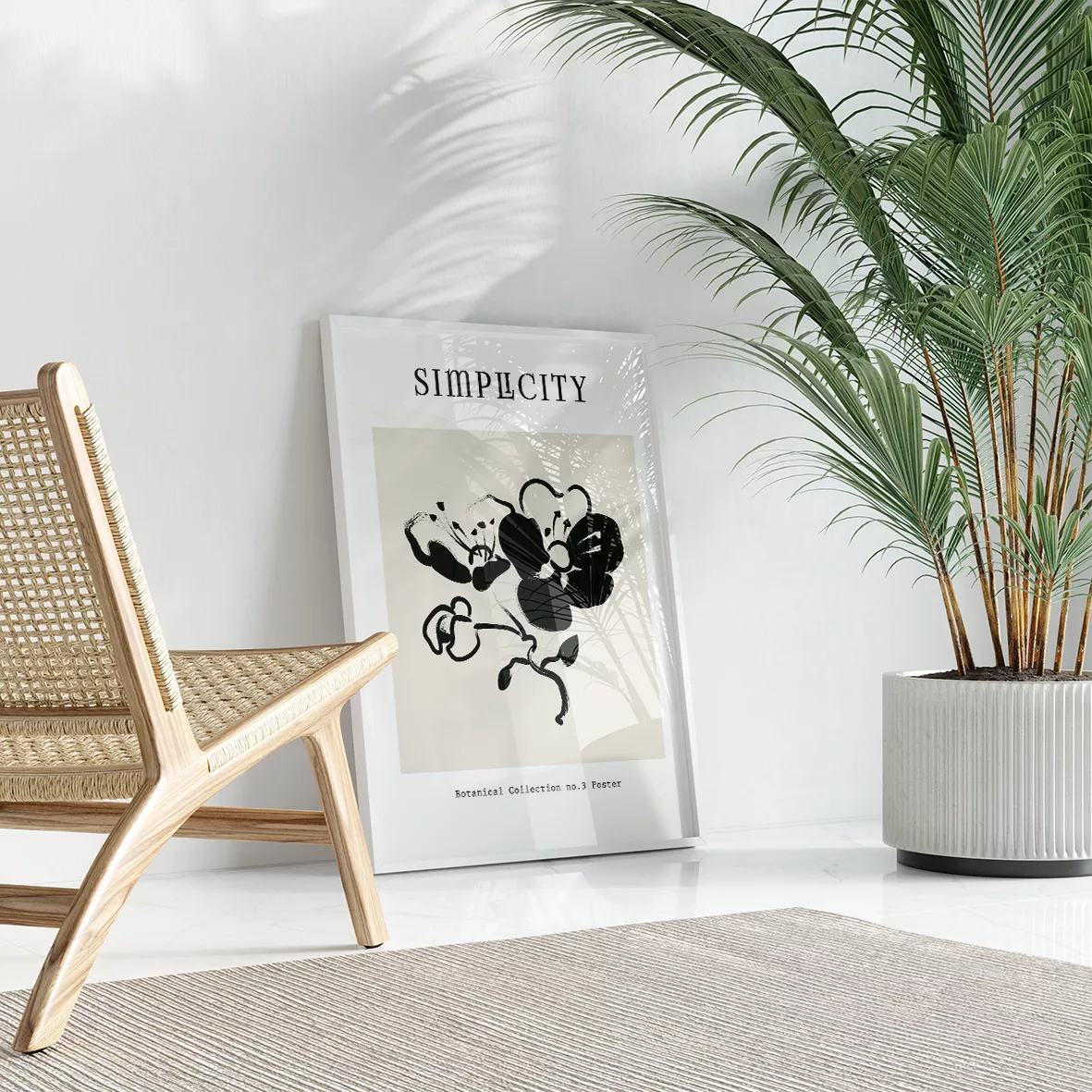 シンプルなモノクロ線画3点セット、花と人物と植物のミニマルアート
