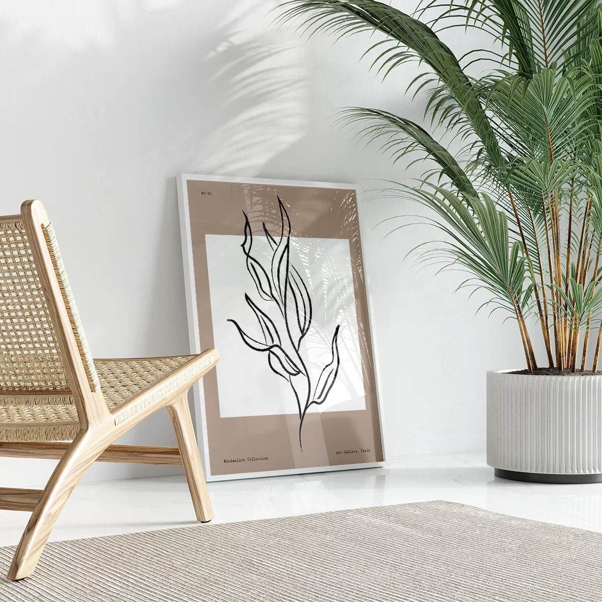 シンプルなモノクロ線画3点セット、花と人物と植物のミニマルアート