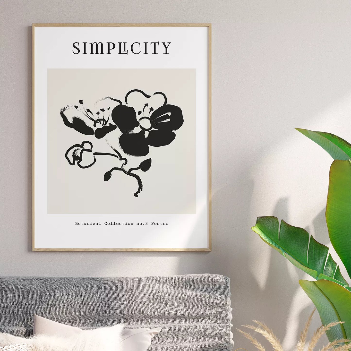 シンプルなモノクロ線画3点セット、花と人物と植物のミニマルアート