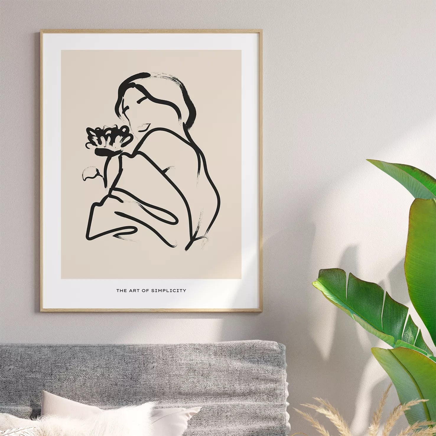 シンプルなモノクロ線画3点セット、花と人物と植物のミニマルアート