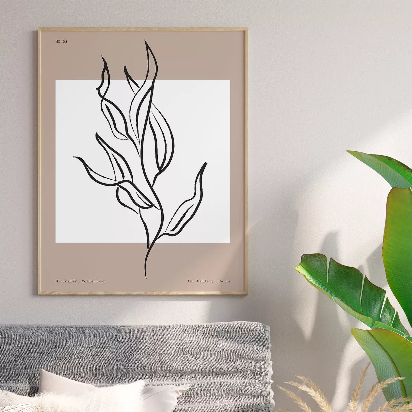シンプルなモノクロ線画3点セット、花と人物と植物のミニマルアート