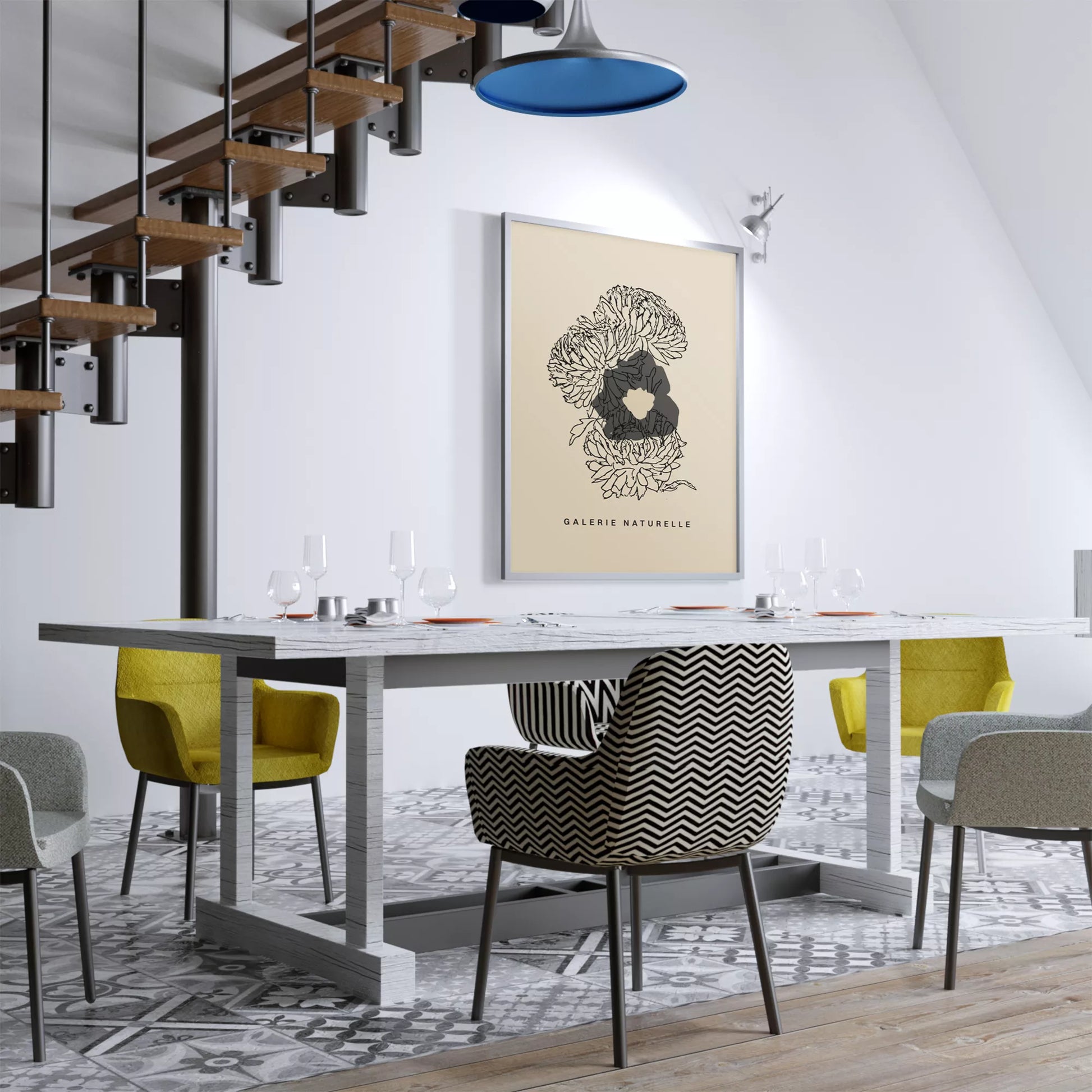 モダンな線画で描かれた花のアートポスター、ベージュ背景にブラックの抽象的な花のデザイン