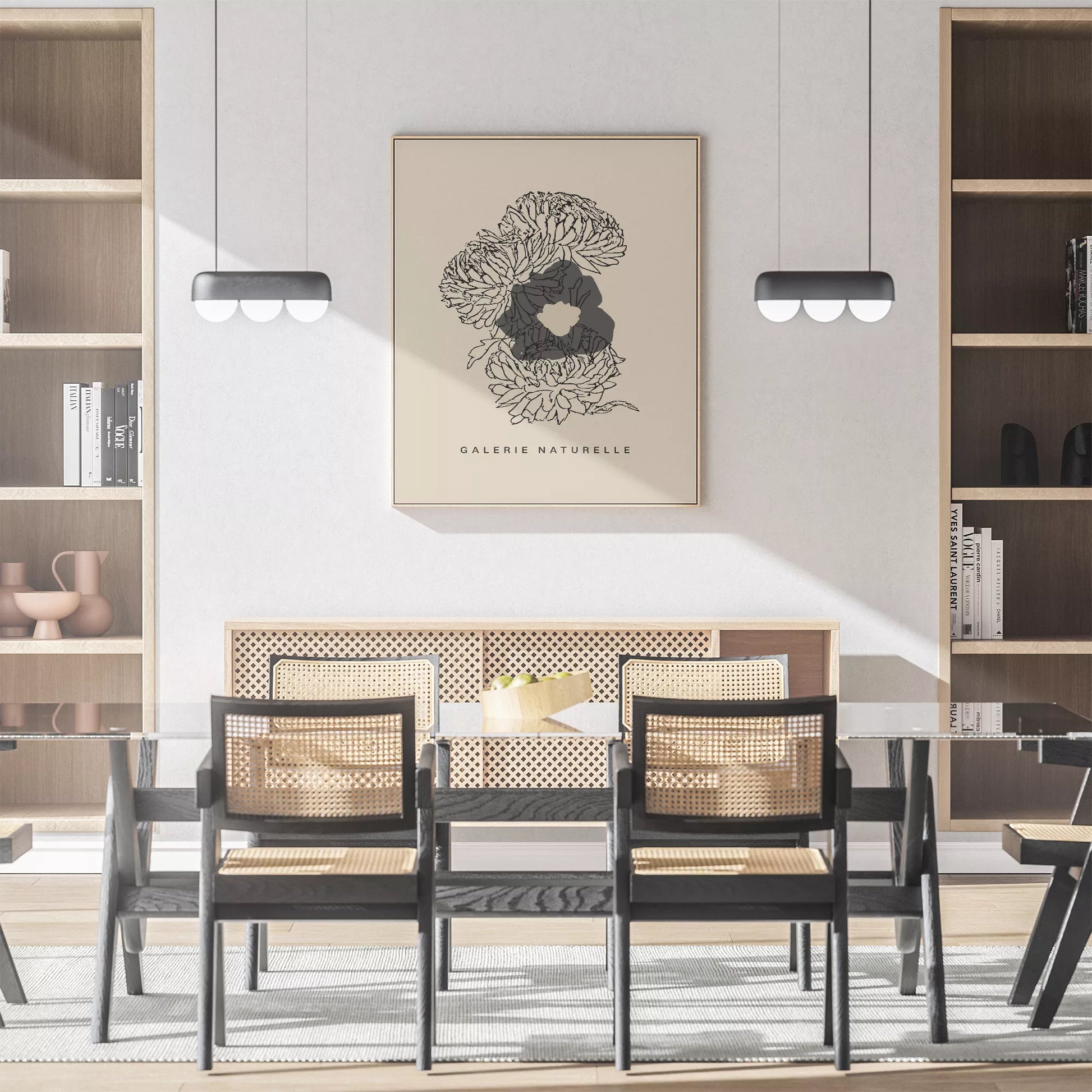 モダンな線画で描かれた花のアートポスター、ベージュ背景にブラックの抽象的な花のデザイン