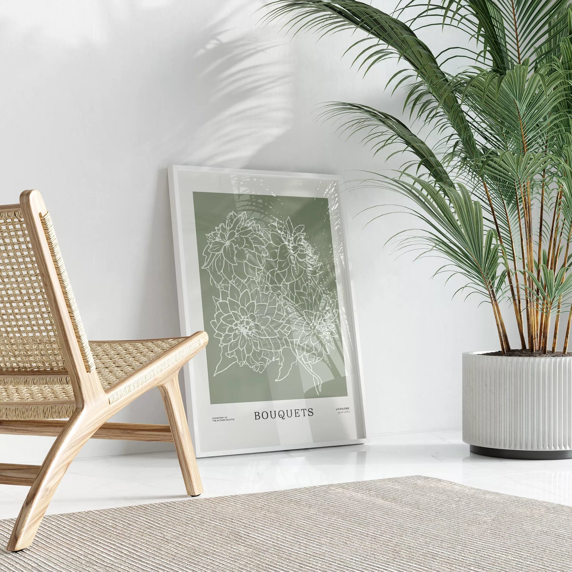 ミニマリストな花のラインアート、緑の背景、ブーケのテーマ