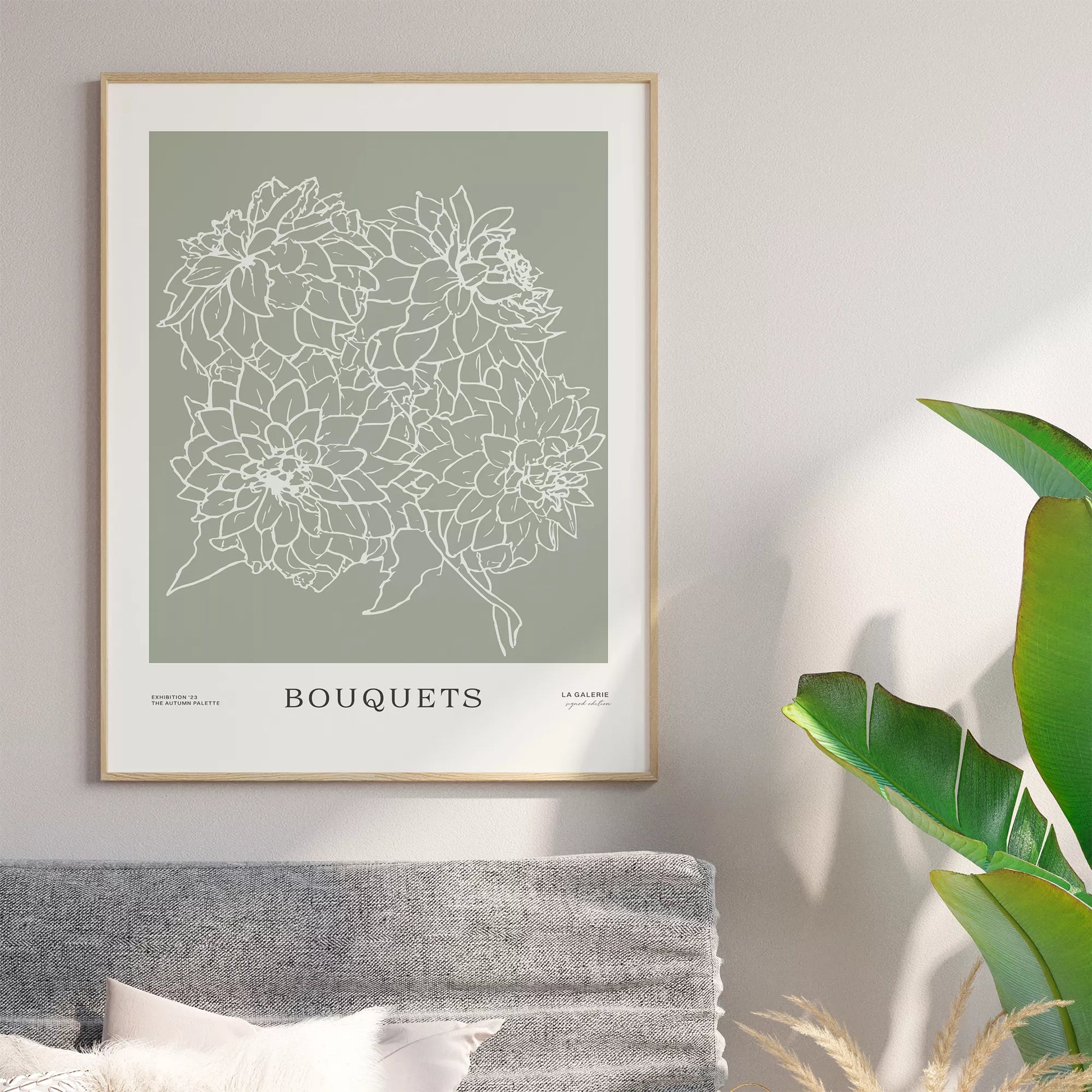 ミニマリストな花のラインアート、緑の背景、ブーケのテーマ