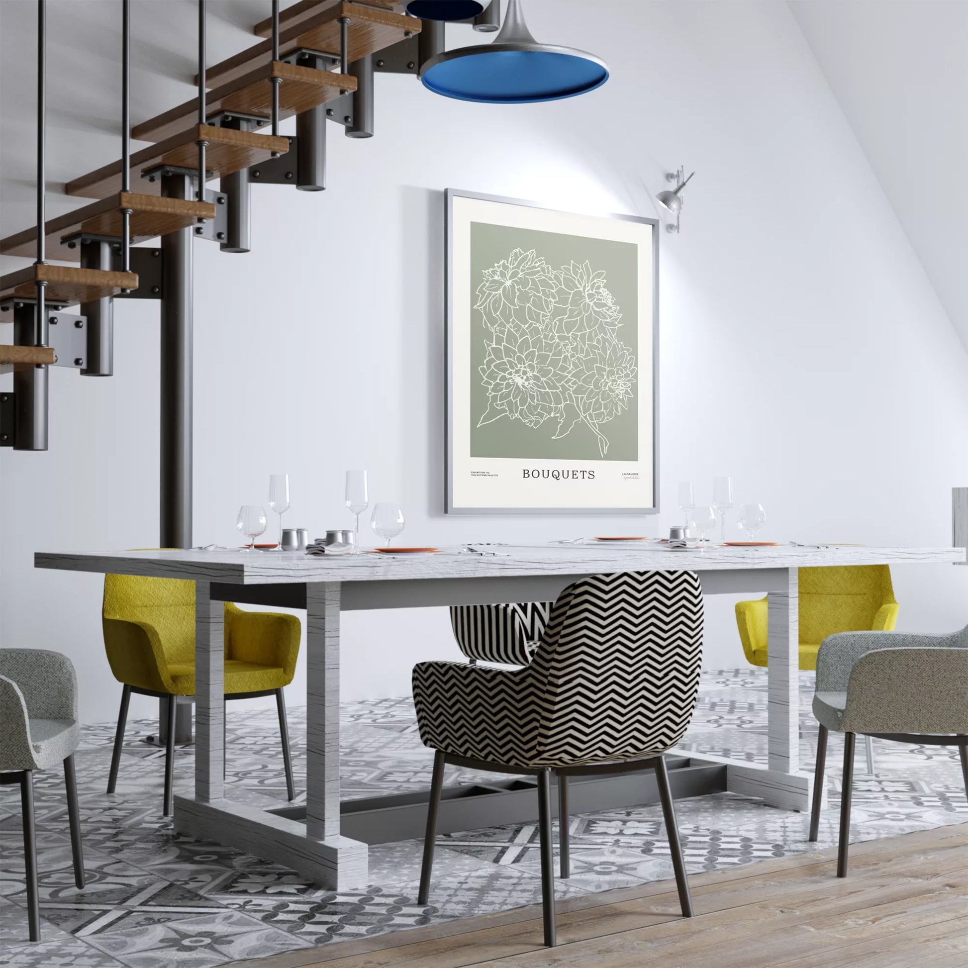 ミニマリストな花のラインアート、緑の背景、ブーケのテーマ