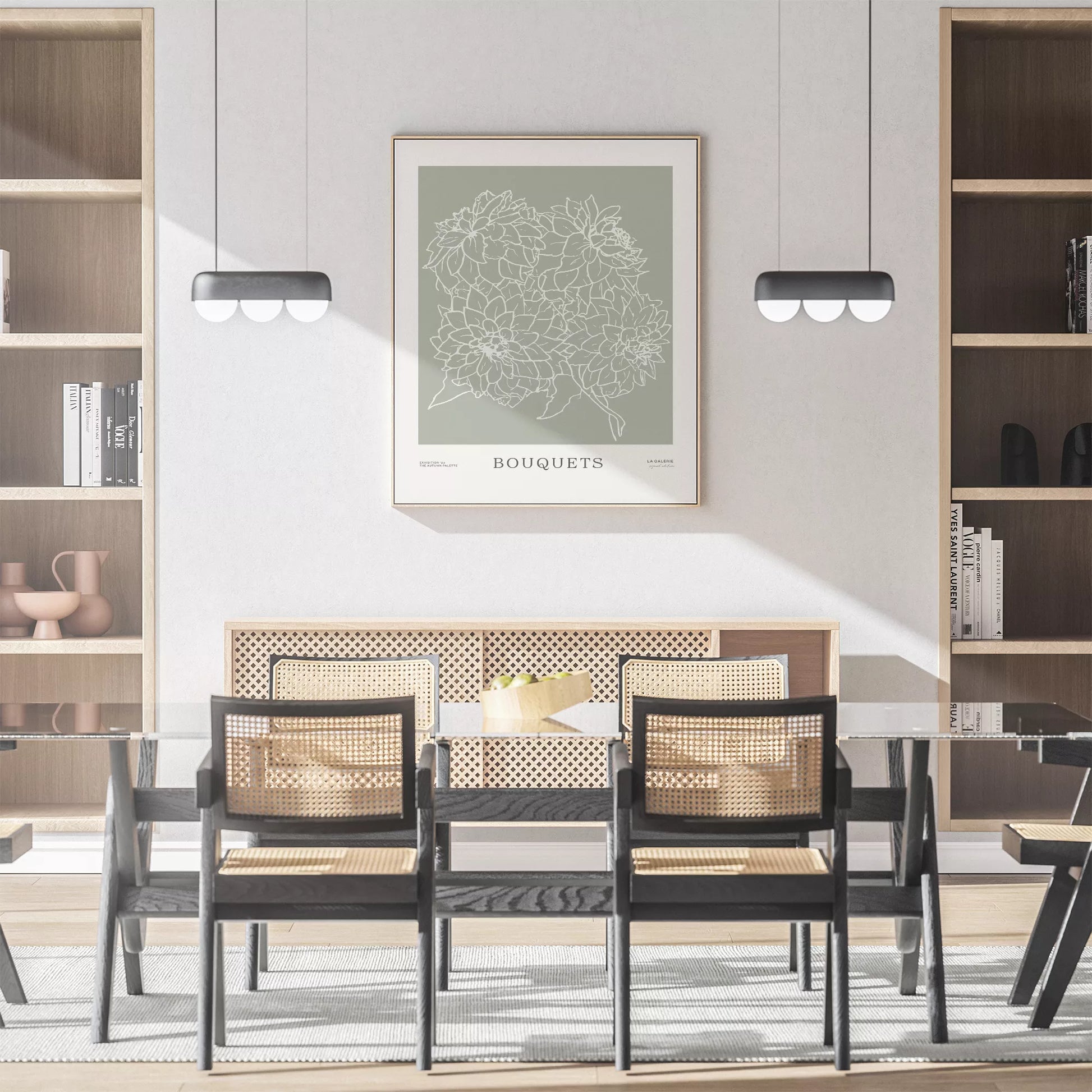 ミニマリストな花のラインアート、緑の背景、ブーケのテーマ