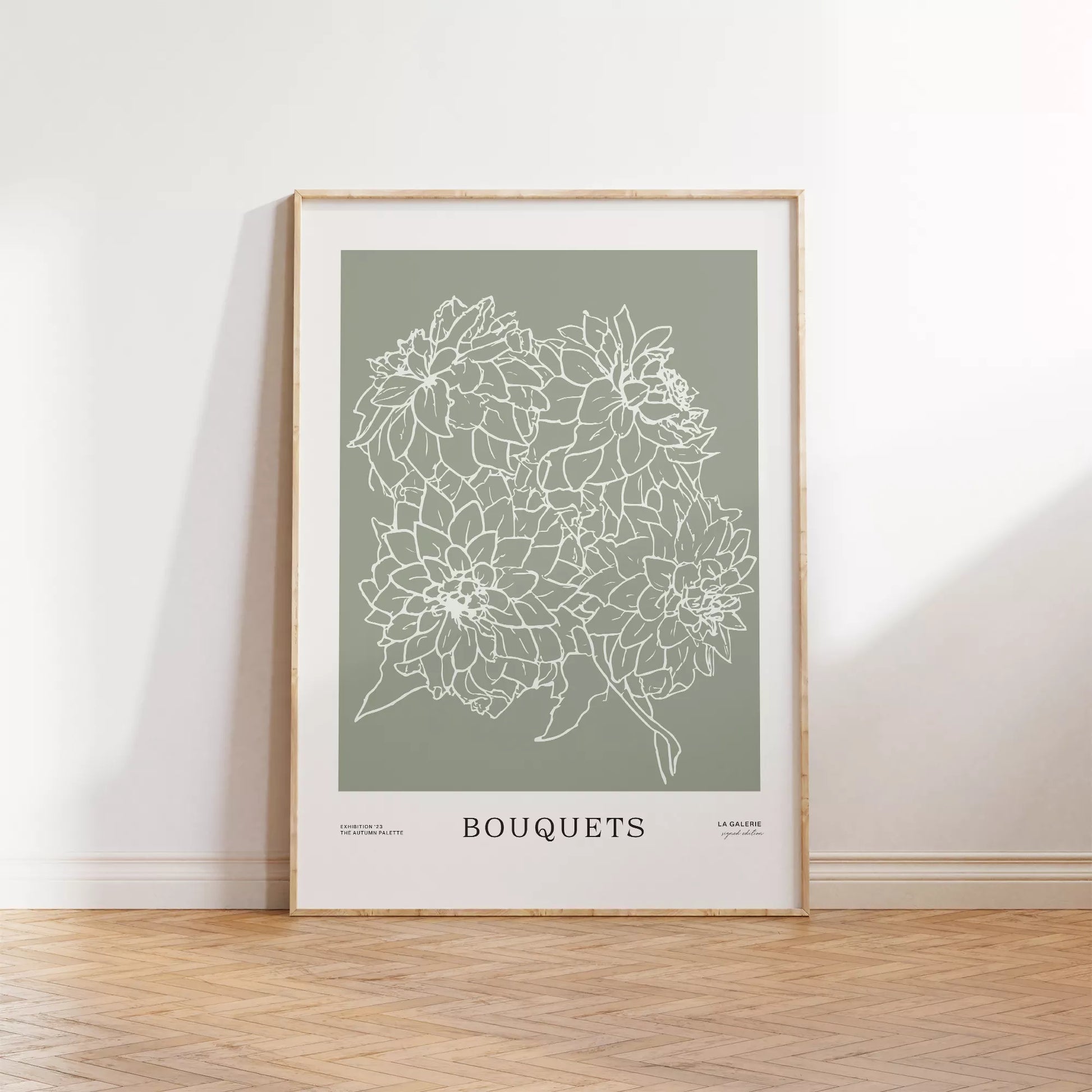 ミニマリストな花のラインアート、緑の背景、ブーケのテーマ