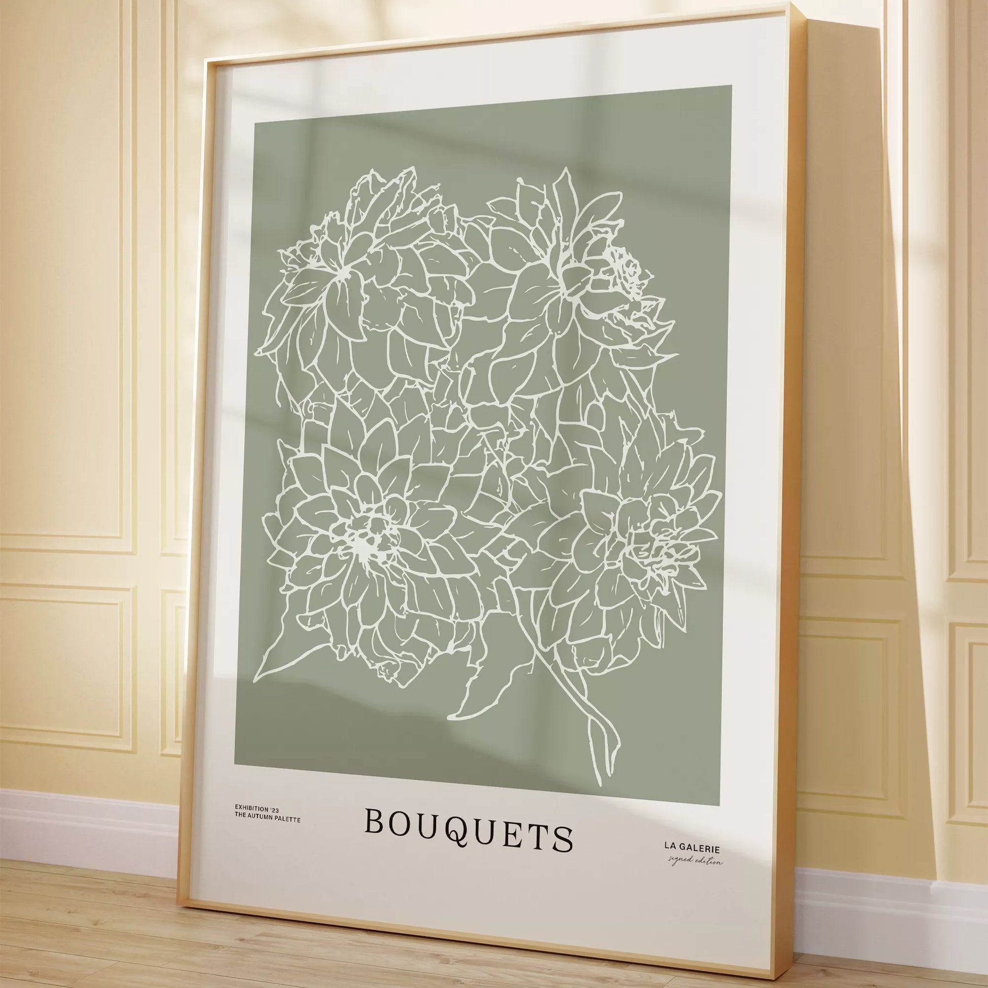 ミニマリストな花のラインアート、緑の背景、ブーケのテーマ