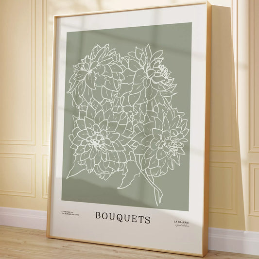 ミニマリストな花のラインアート、緑の背景、ブーケのテーマ