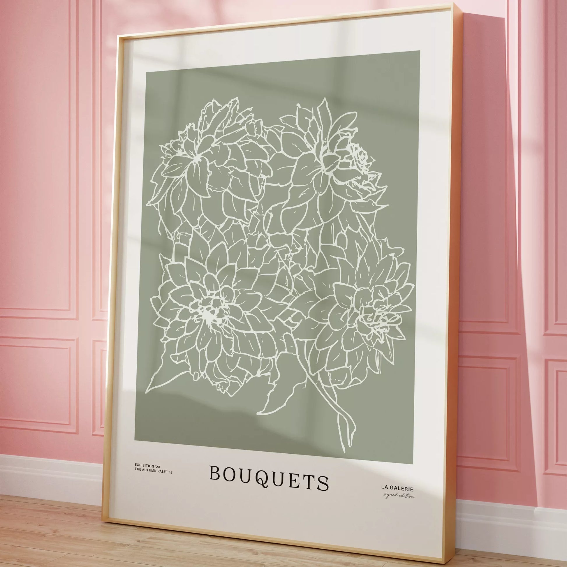 ミニマリストな花のラインアート、緑の背景、ブーケのテーマ