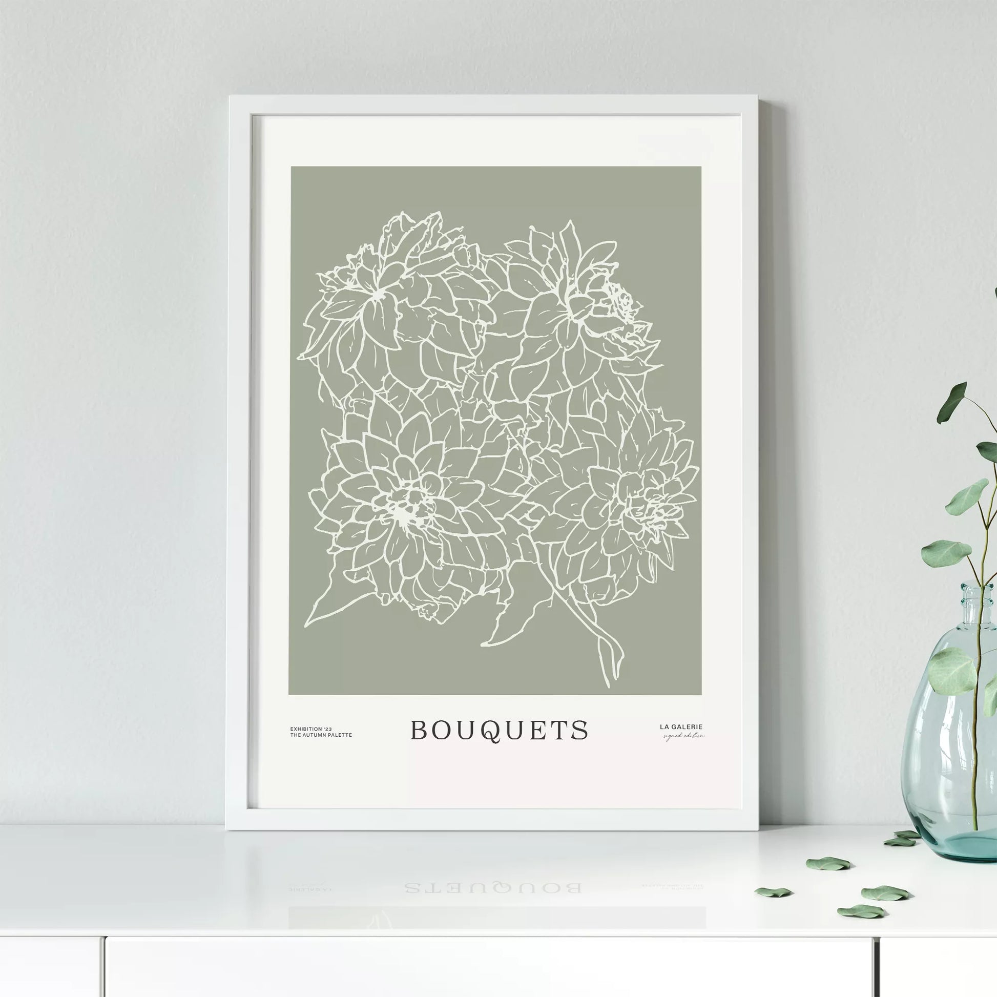 ミニマリストな花のラインアート、緑の背景、ブーケのテーマ
