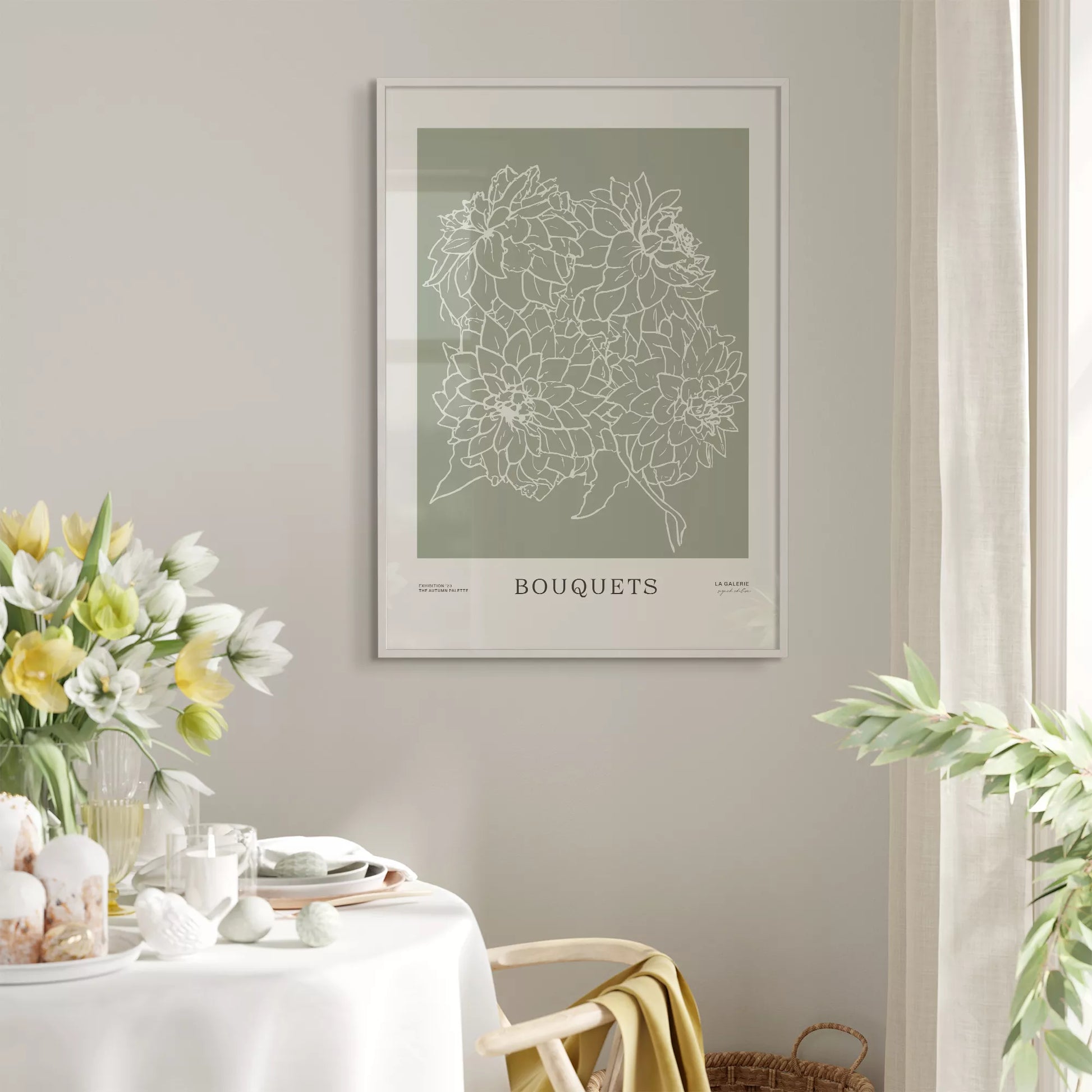 ミニマリストな花のラインアート、緑の背景、ブーケのテーマ