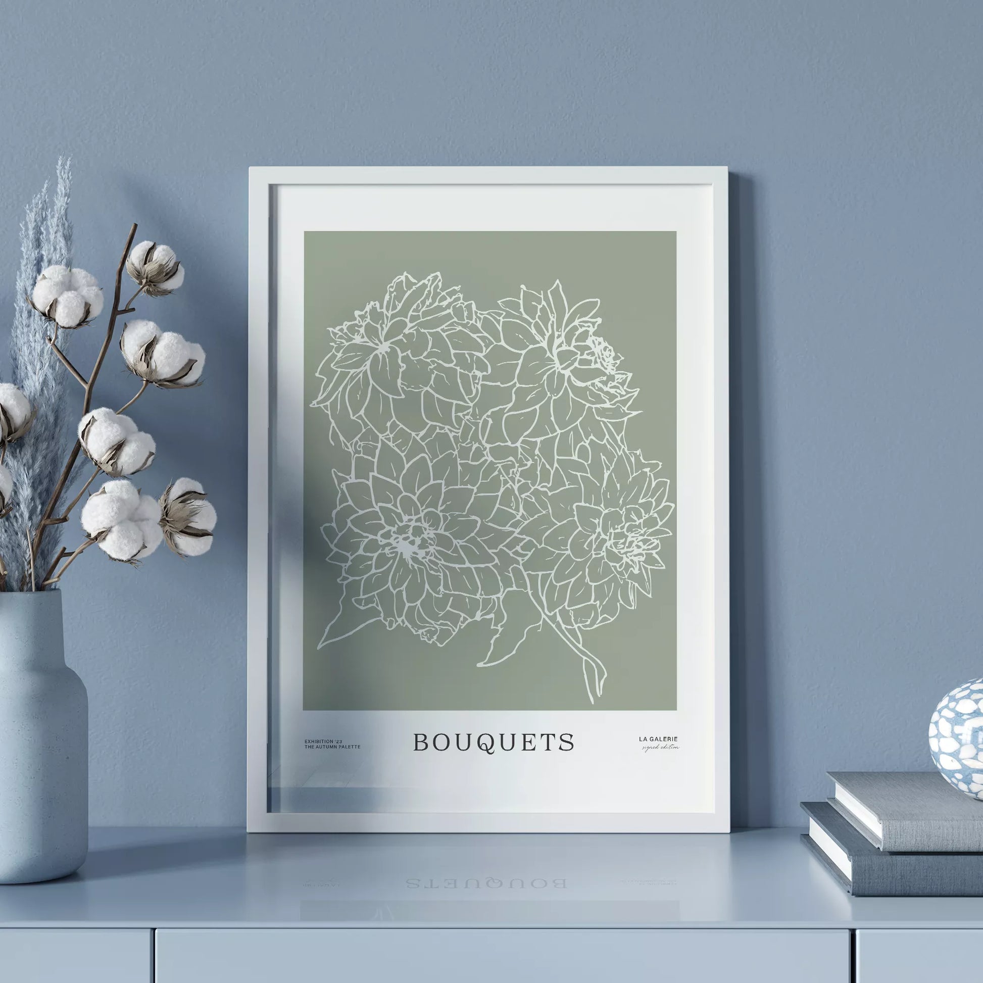 ミニマリストな花のラインアート、緑の背景、ブーケのテーマ