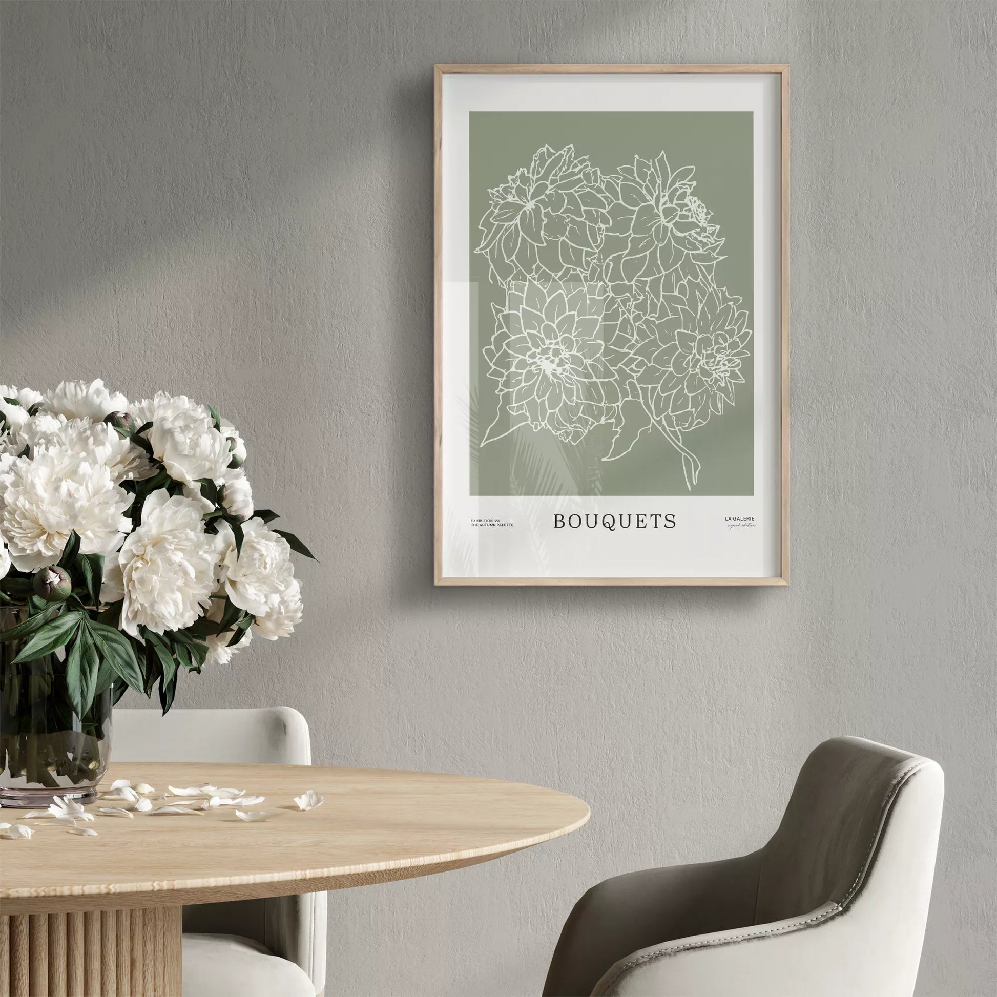 ミニマリストな花のラインアート、緑の背景、ブーケのテーマ