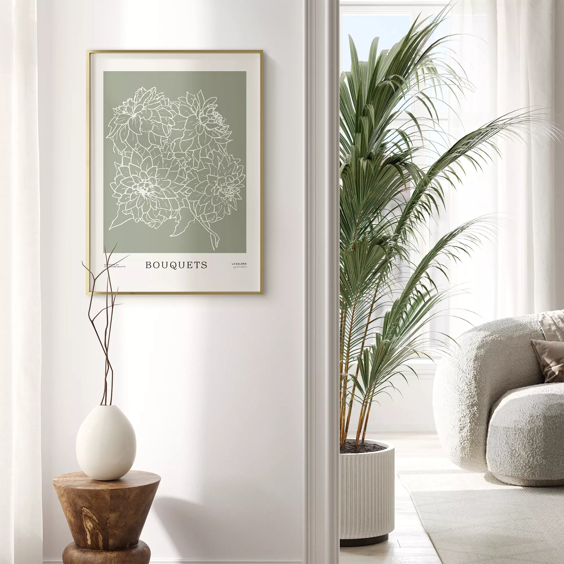 ミニマリストな花のラインアート、緑の背景、ブーケのテーマ