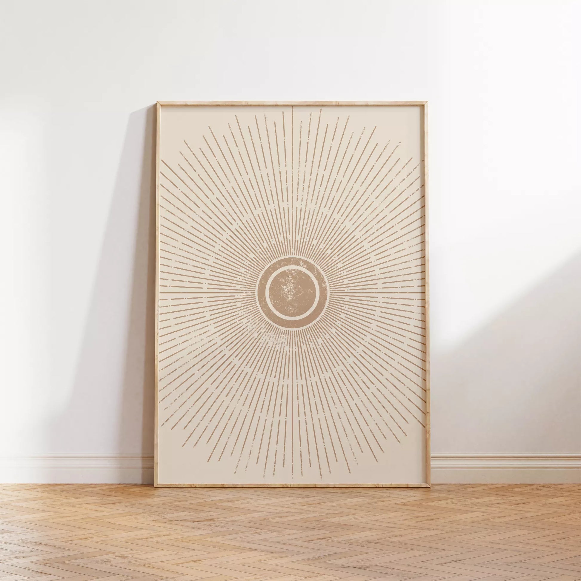 優雅な放射状デザイン、ベージュゴールドの日の出アート