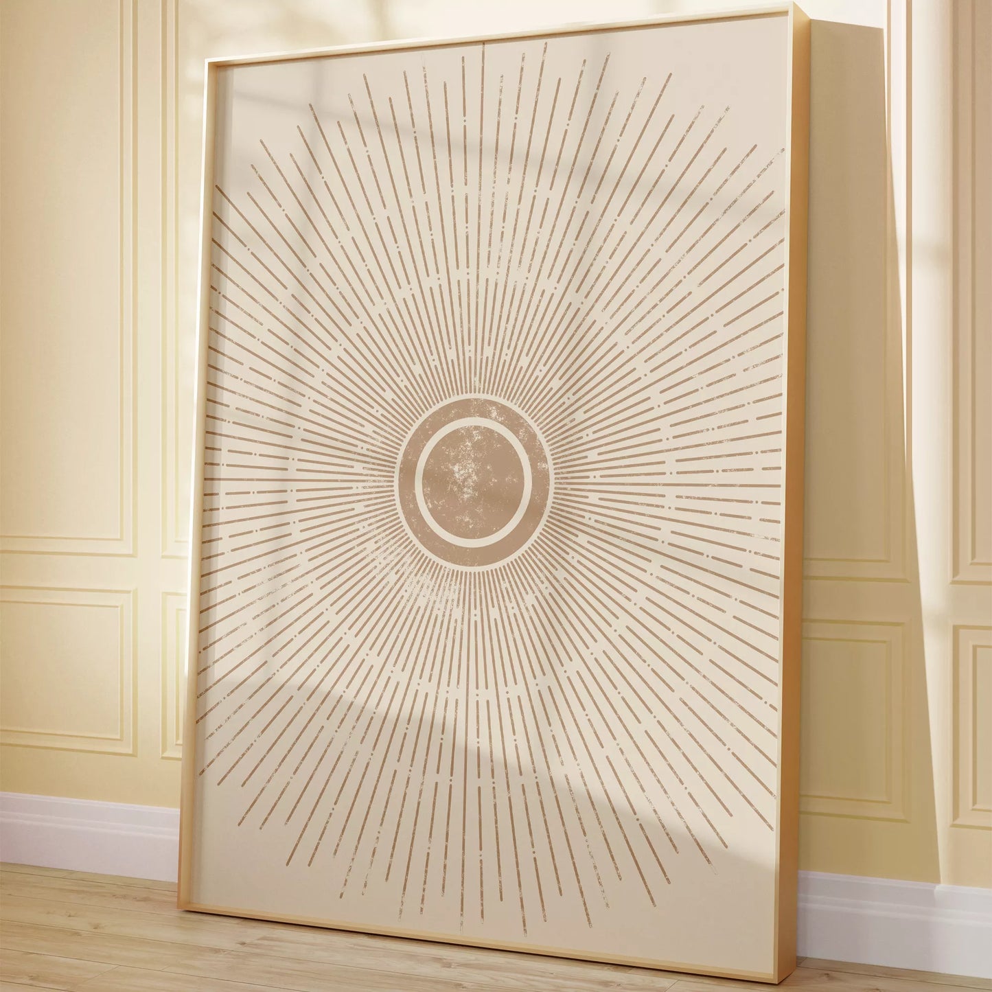 優雅な放射状デザイン、ベージュゴールドの日の出アート