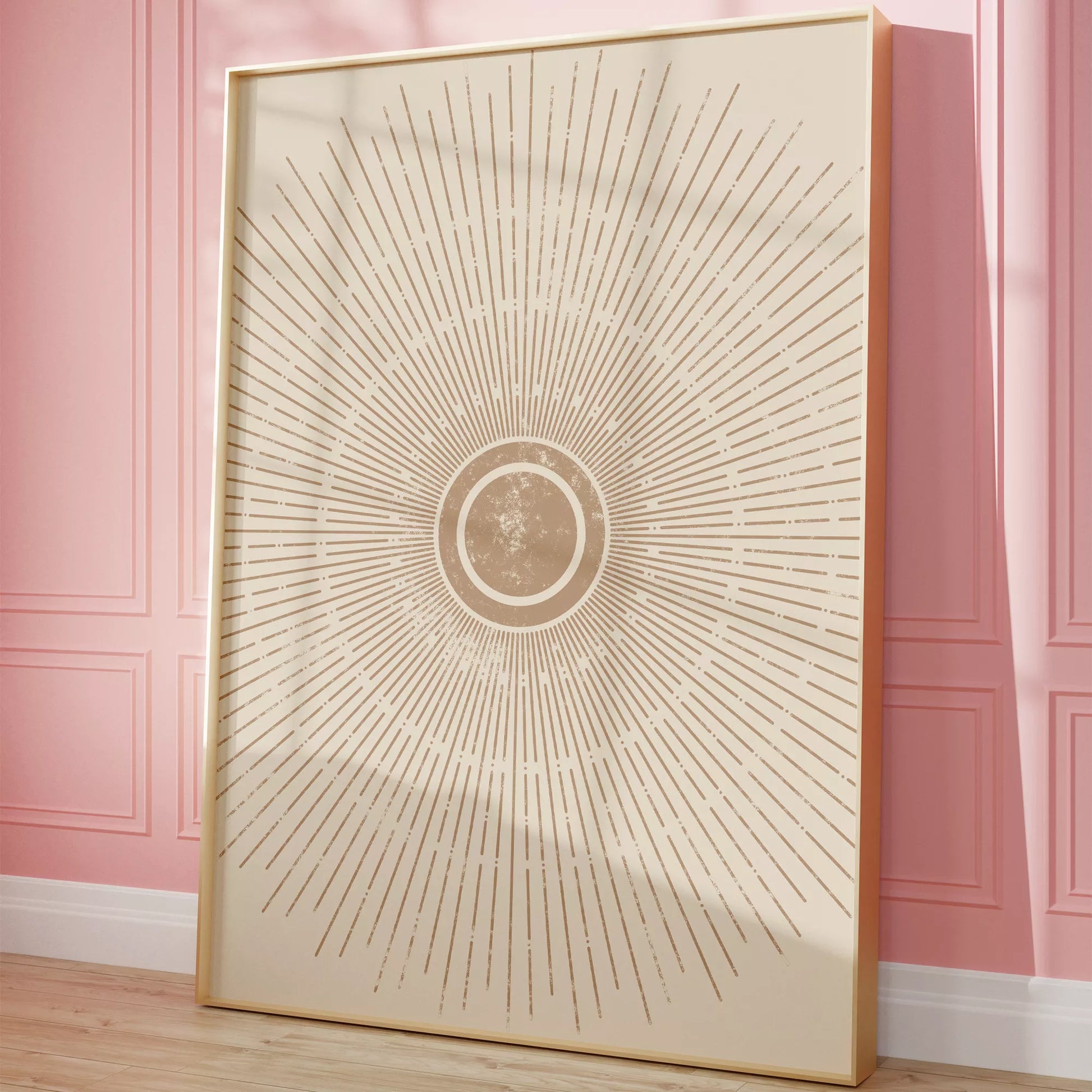 優雅な放射状デザイン、ベージュゴールドの日の出アート