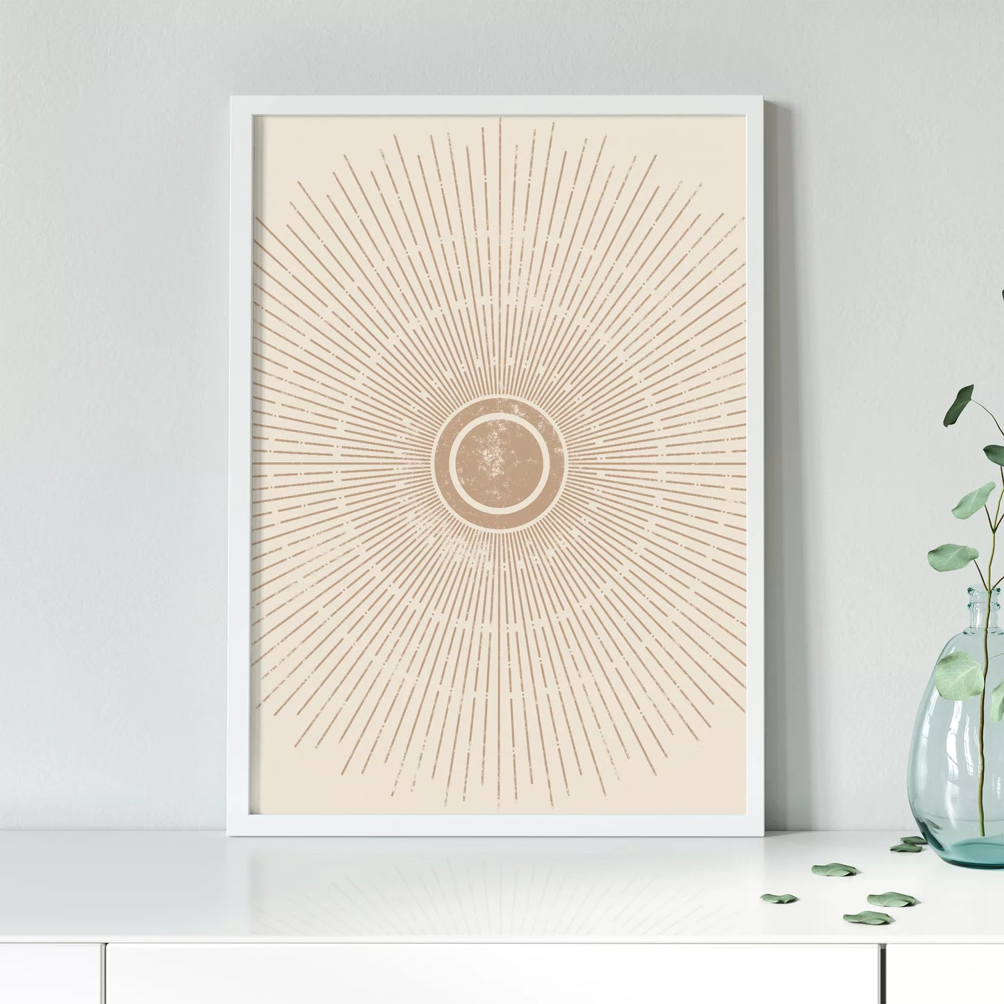 優雅な放射状デザイン、ベージュゴールドの日の出アート