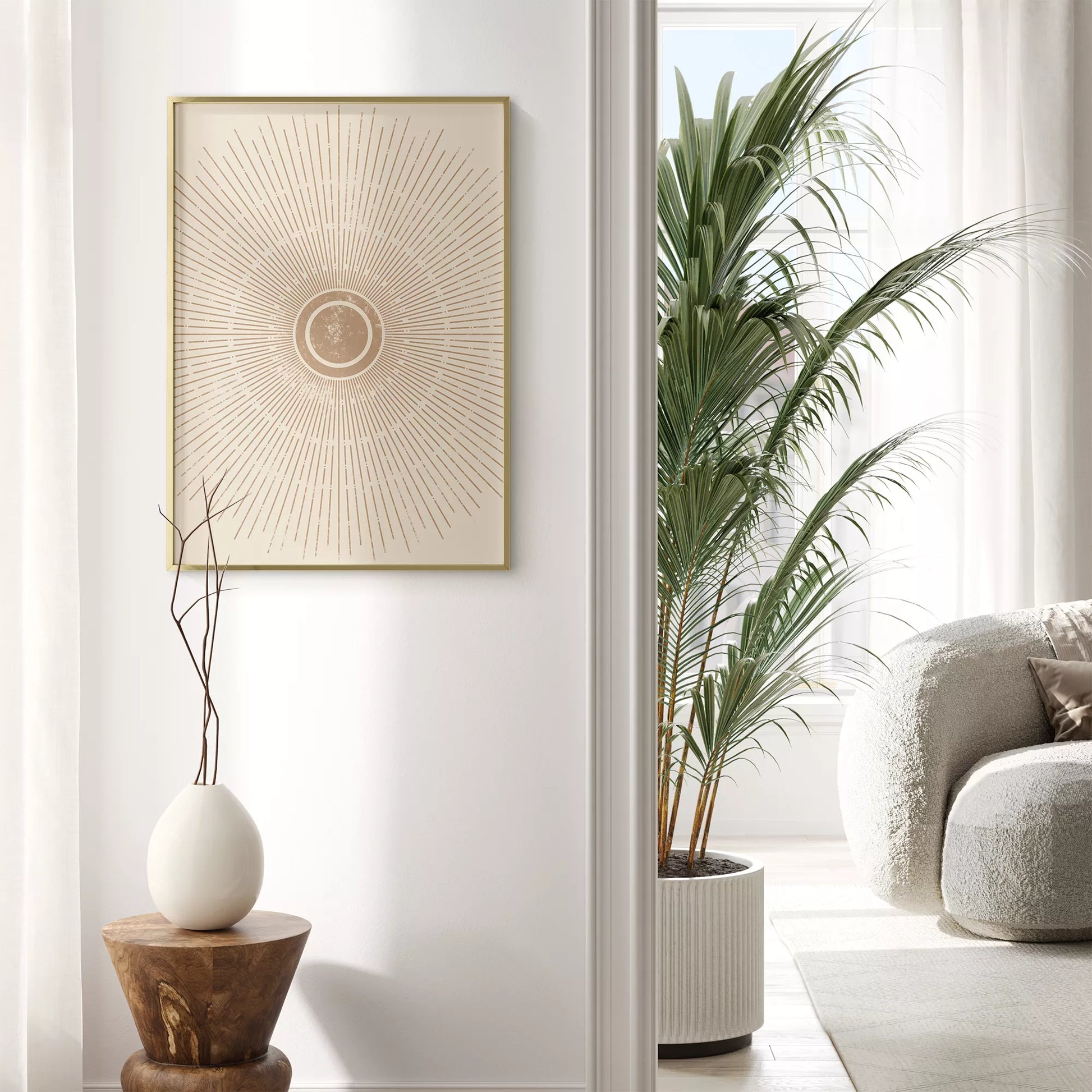 優雅な放射状デザイン、ベージュゴールドの日の出アート