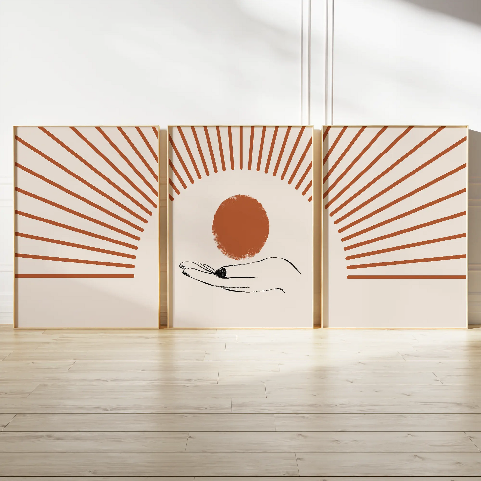ミニマルな手と太陽のサンライズ北欧アートポスター3枚セット