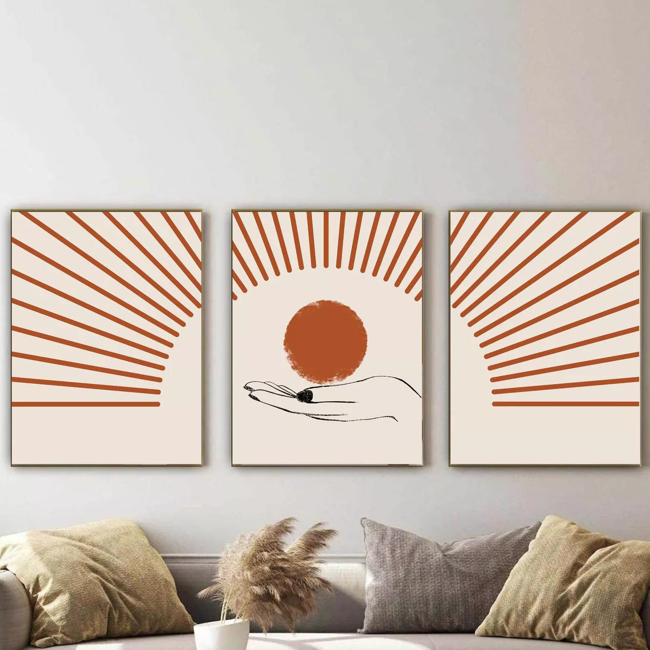 テラコッタカラーの太陽と手のシルエット北欧風3連アート