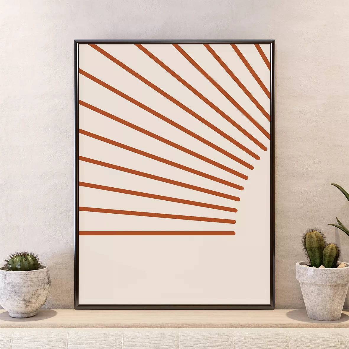 テラコッタカラーの太陽と手のシルエット北欧風3連アート