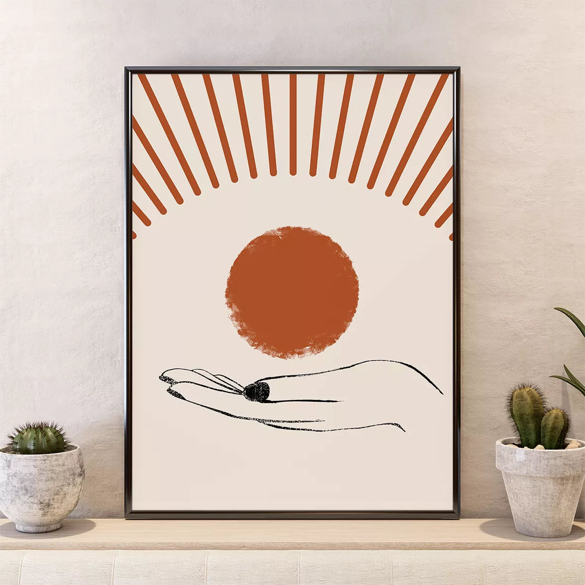 テラコッタカラーの太陽と手のシルエット北欧風3連アート