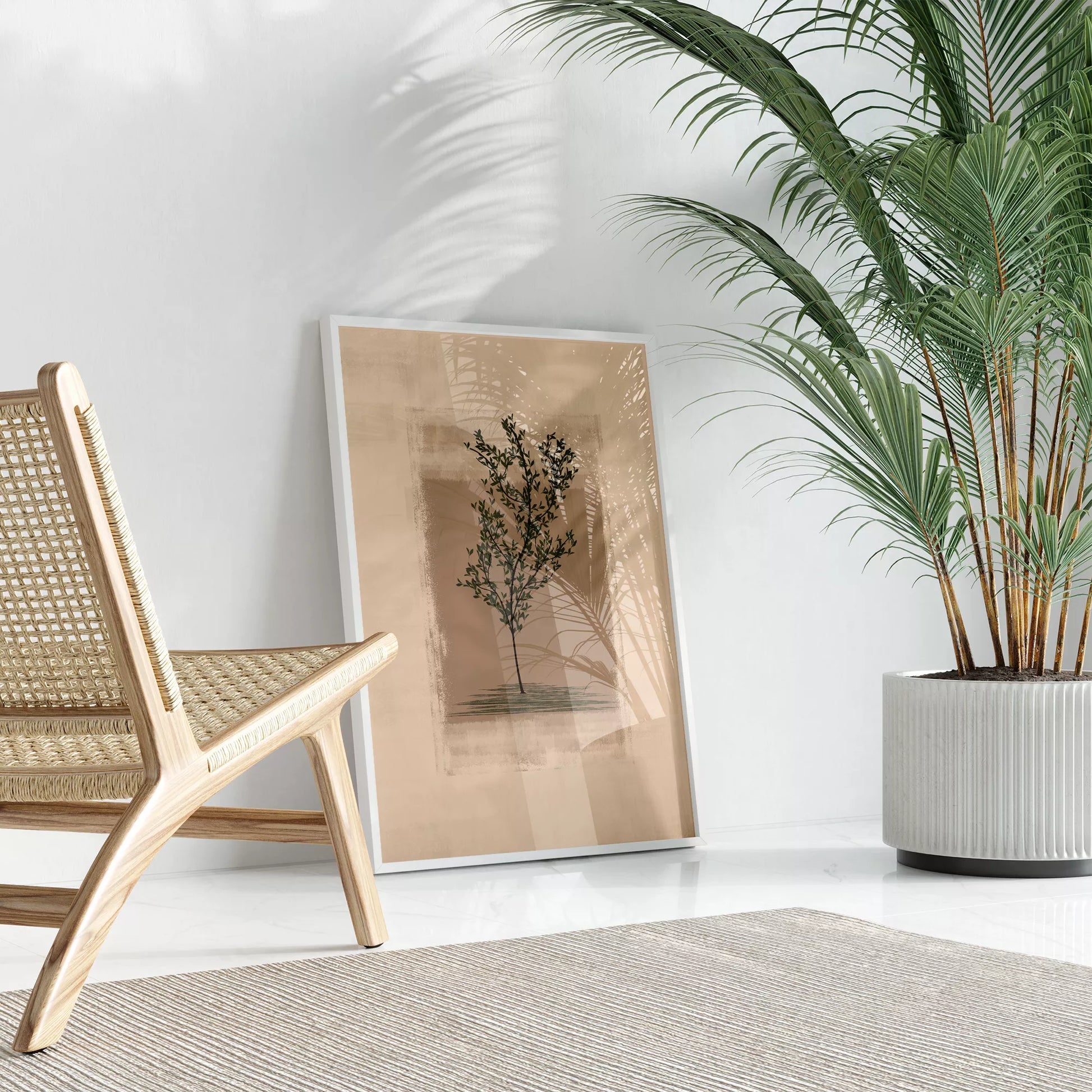 静寂な背景に佇む一本の木のシルエット画、禅とモダンの融合