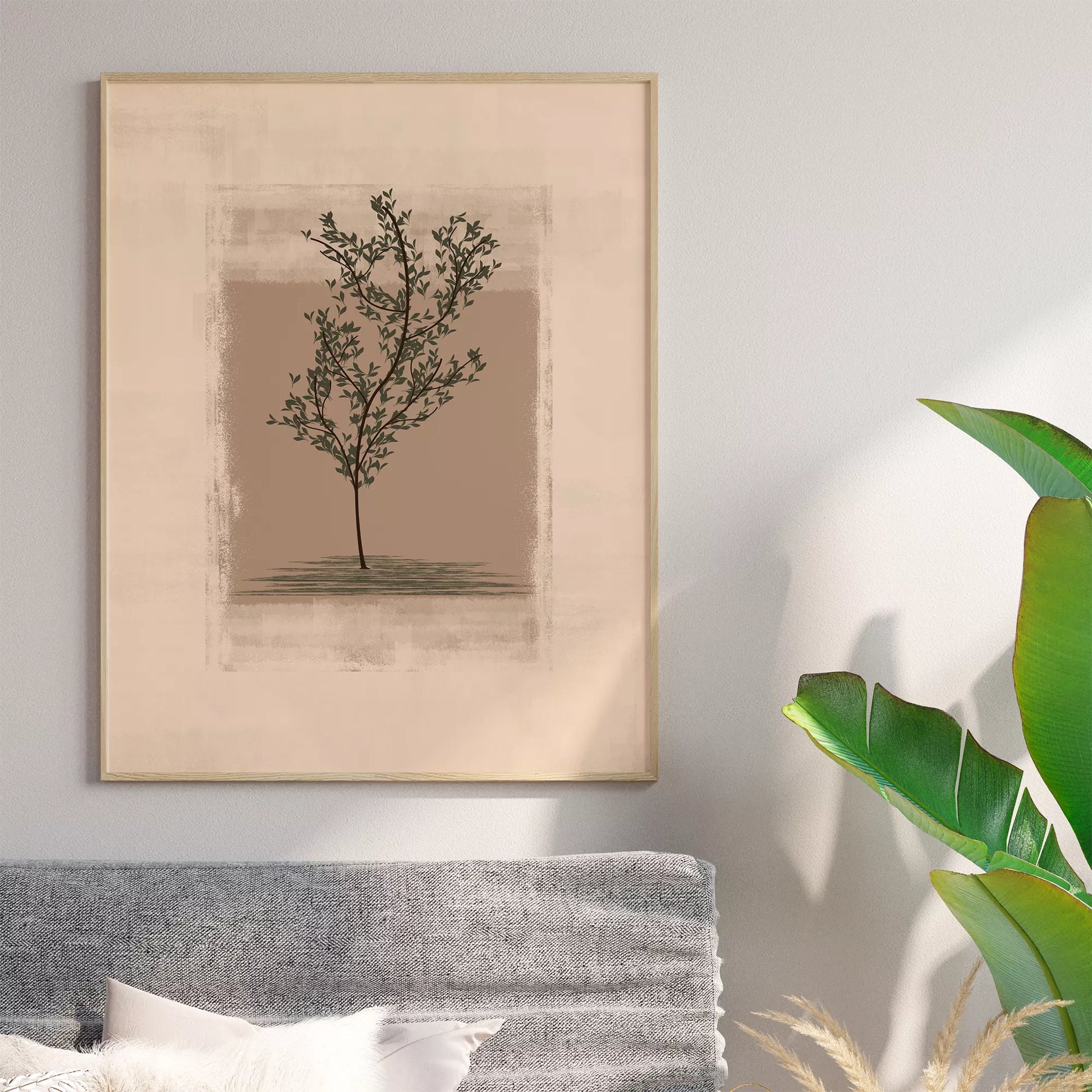 静寂な背景に佇む一本の木のシルエット画、禅とモダンの融合