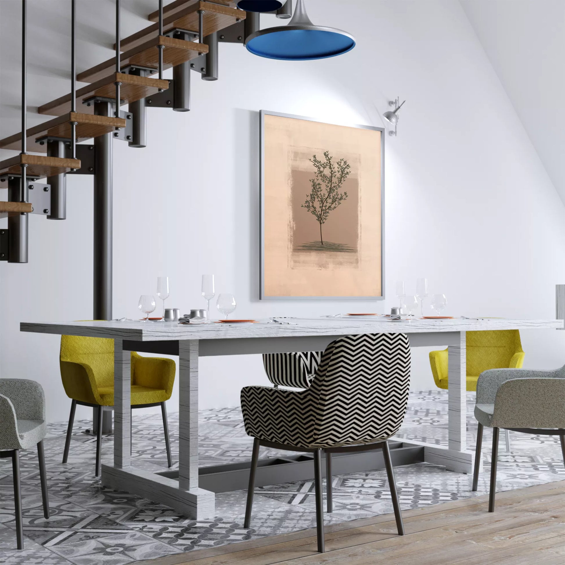 静寂な背景に佇む一本の木のシルエット画、禅とモダンの融合