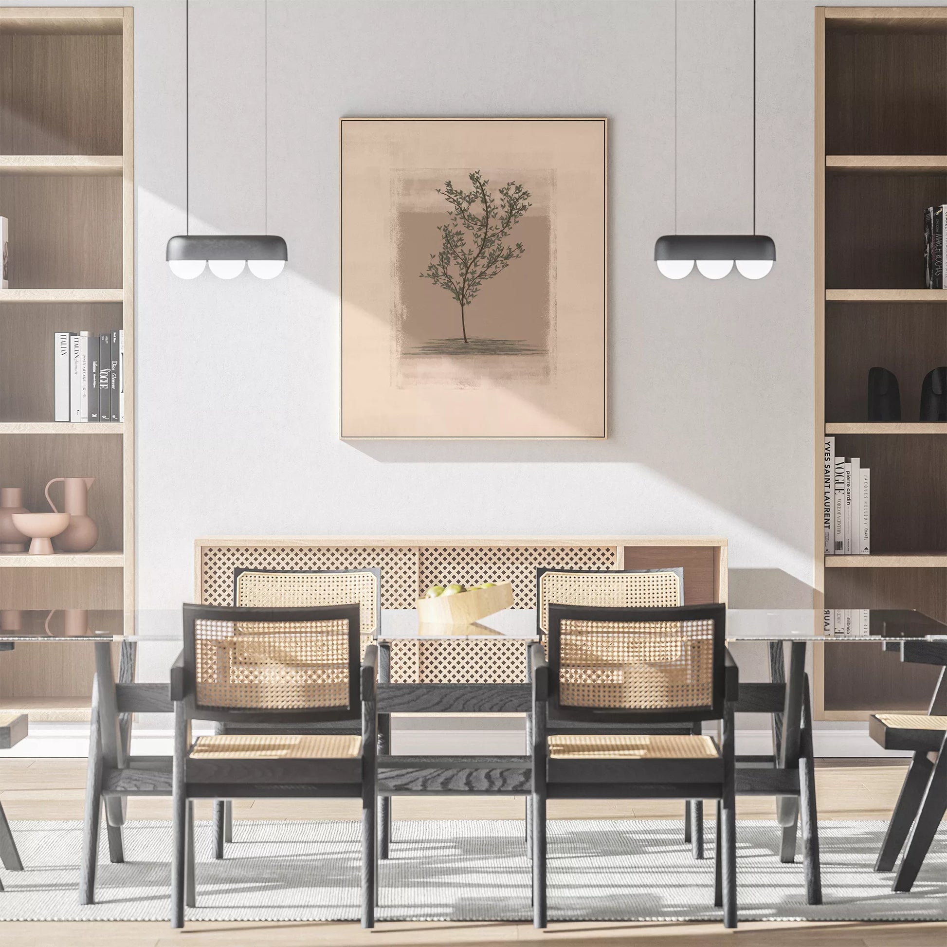 静寂な背景に佇む一本の木のシルエット画、禅とモダンの融合