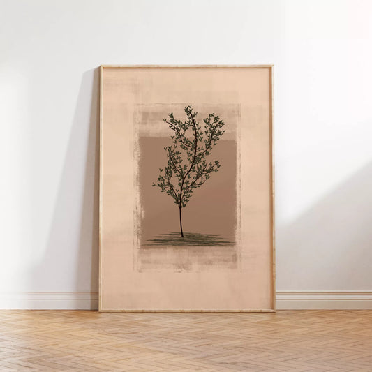 静寂な背景に佇む一本の木のシルエット画、禅とモダンの融合